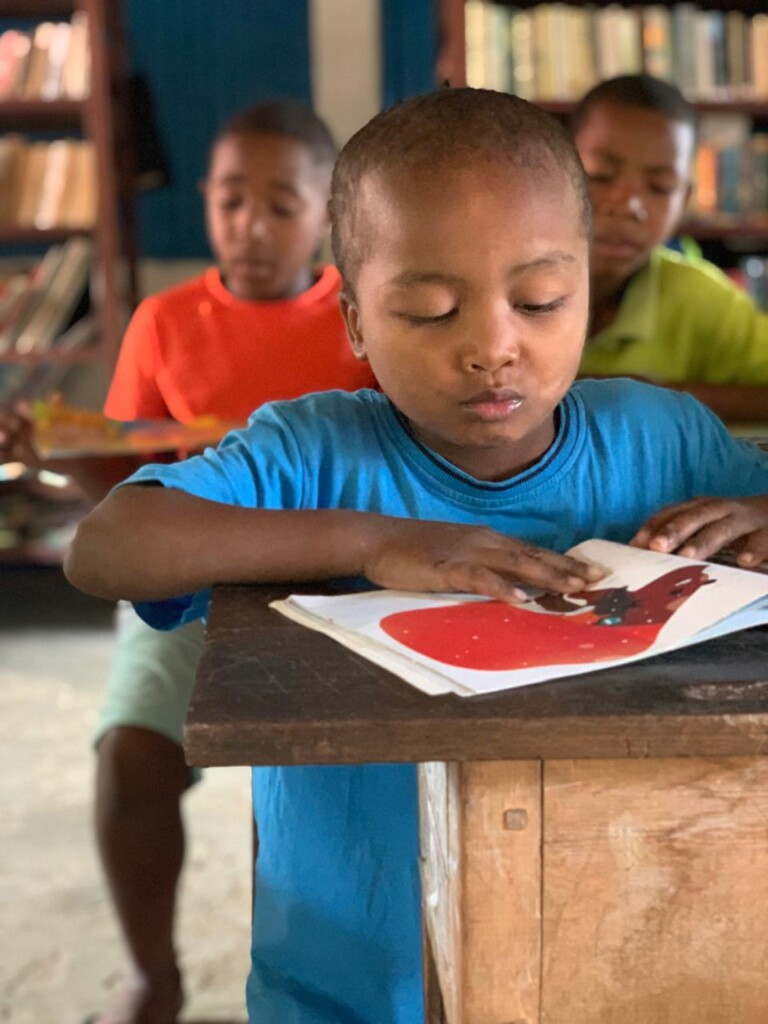 Boys reading in library Ile Sainte Marie Madagascar