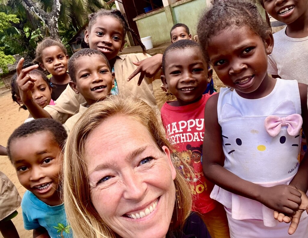 Selfie with founder of the organisation and a group of school children on the east coast of Ile Sainte marie Madagascar