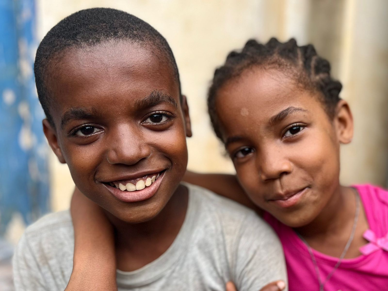 Portrait of a boy and a girl in a village school in Madagascar